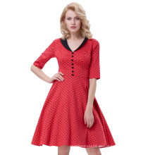 Belle Poque Retro Vintage Half Sleeve Revers Kragen Rot Kleid Schwarz Polka Dots Baumwolle Party Swing Kleid BP000258-1